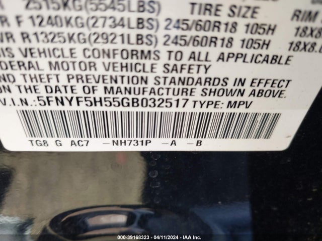 Honda Pilot Ex-l 2016 5FNYF5H55GB032517 Image 9
