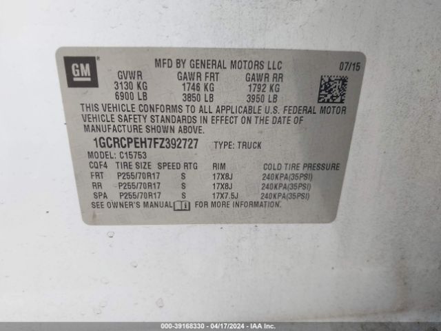 1GCRCPEH7FZ392727 Chevrolet Silverado 1500 Wt
