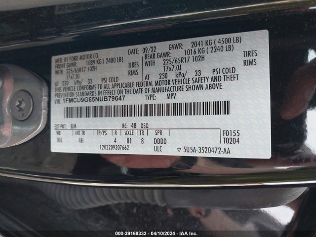 Ford ESCAPE SE 2022 1FMCU9G65NUB79647 Image 9