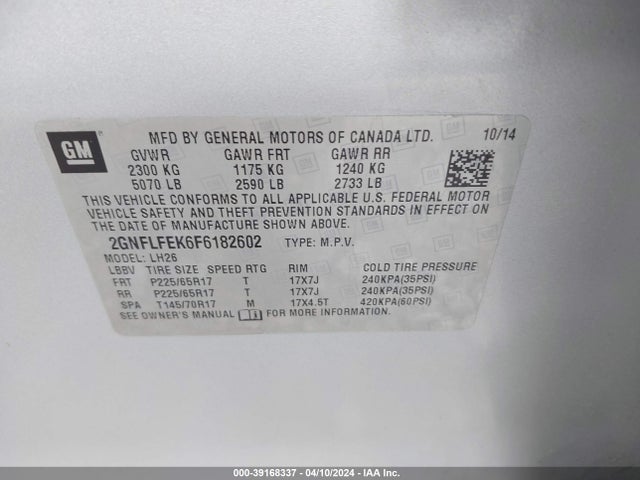 Chevrolet EQUINOX 1LT 2015 2GNFLFEK6F6182602 Image 9