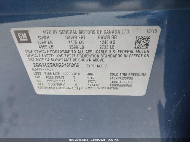 Chevrolet EQUINOX LT 2016 2GNALCEK9G6168266 Image 9