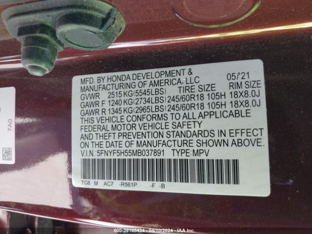 5FNYF5H55MB037891 Honda Pilot 2wd Ex-l