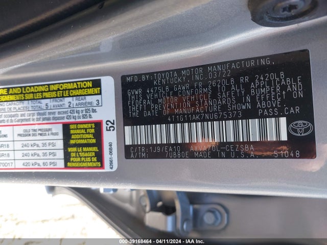 Toyota CAMRY SE 2022 4T1G11AK7NU675373 Image 9