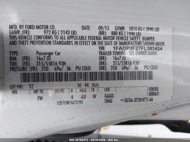 Ford FOCUS SE 2015 1FADP3F27FL383424 Image 9