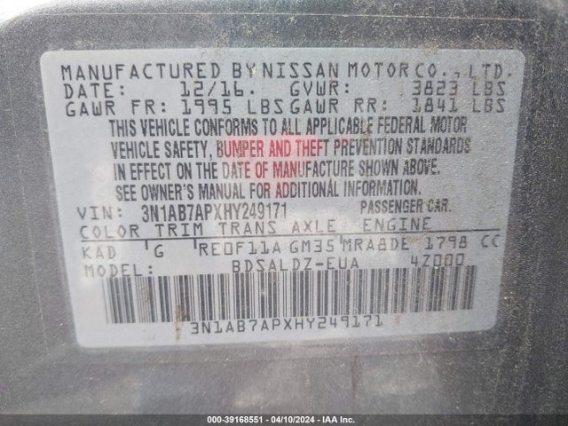 Nissan SENTRA SV 2017 3N1AB7APXHY249171 Image 9
