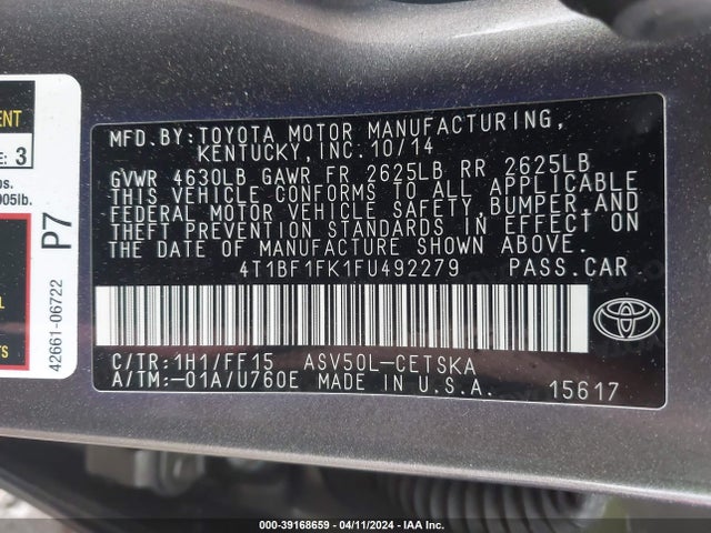 Toyota CAMRY SE 2015 4T1BF1FK1FU492279 Image 9