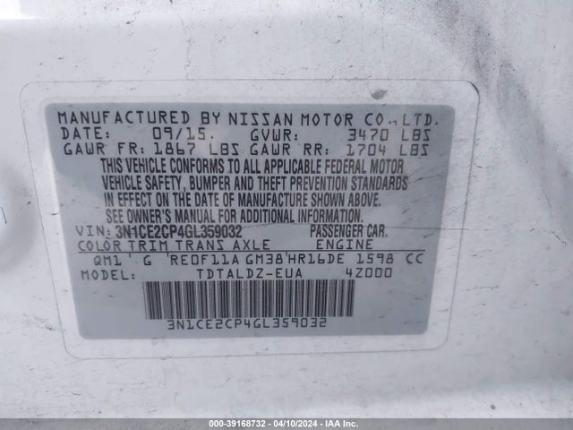 Nissan Versa Note S (sr)/s Plus/sl/sr/sv 2016 3N1CE2CP4GL359032 Image 9