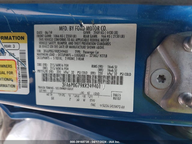 Ford FUSION S 2019 3FA6P0G79KR249401 Image 9