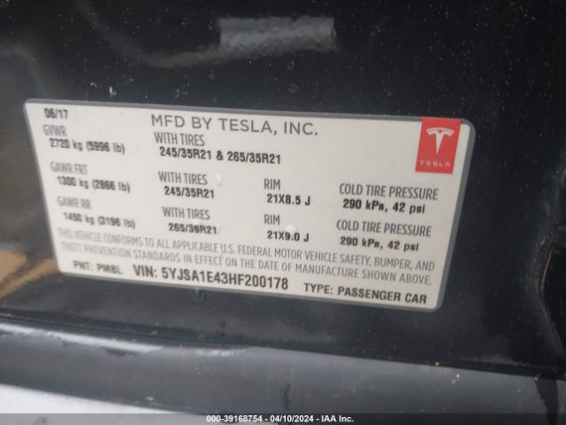 5YJSA1E43HF200178 Tesla Model S 100d/60d/75d/90d/p100d