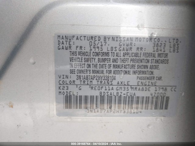 Nissan SENTRA S 2017 3N1AB7AP2HY338104 Image 9