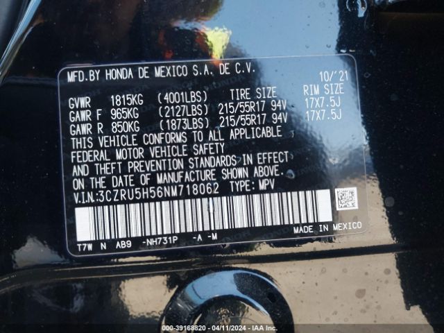 3CZRU5H56NM718062 Honda Hr-v 2wd Ex