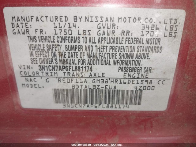 Nissan Versa 1.6 Sv 2015 3N1CN7AP6FL881174 Image 9