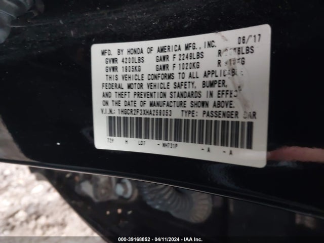 Honda ACCORD LX 2017 1HGCR2F3XHA259053 Image 9