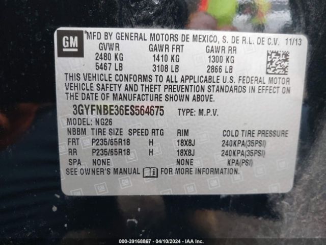 3GYFNBE36ES564675 Cadillac Srx Luxury Collection