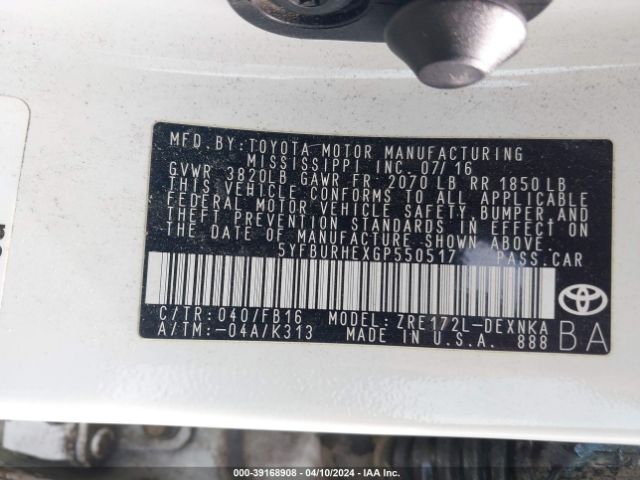 5YFBURHEXGP550517 Toyota COROLLA LE
