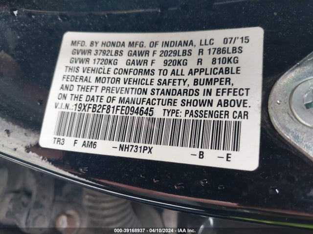 Honda CIVIC EX 2015 19XFB2F81FE094645 Image 9