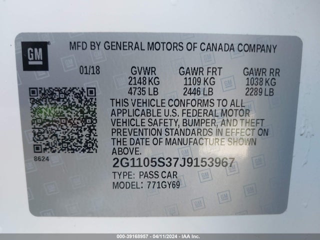 Chevrolet IMPALA 1LT 2018 2G1105S37J9153967 Image 9