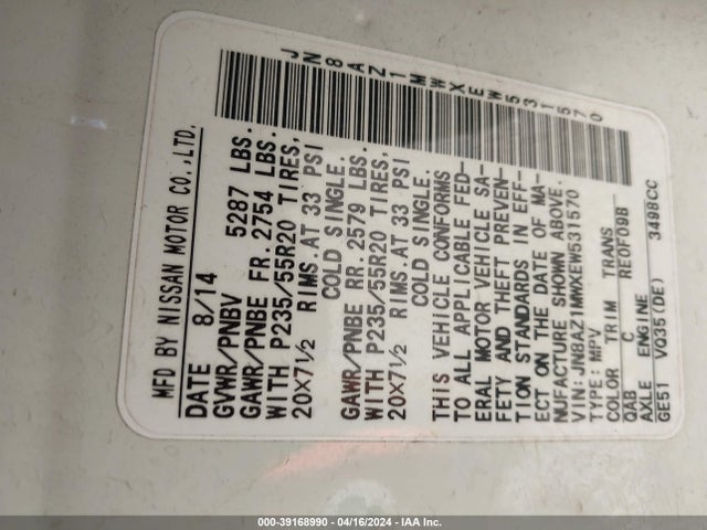 Nissan Murano Le 2014 JN8AZ1MWXEW531570 Image 9