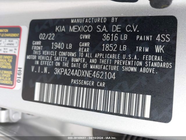 3KPA24ADXNE462104 KIA RIO S