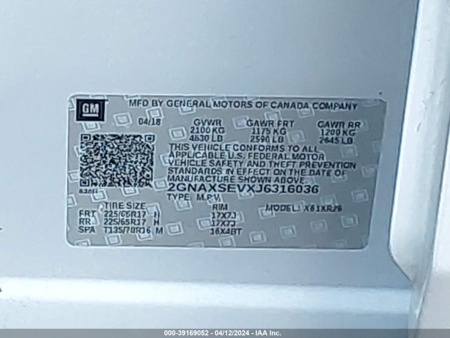 Chevrolet EQUINOX LT 2018 2GNAXSEVXJ6316036 Image 9