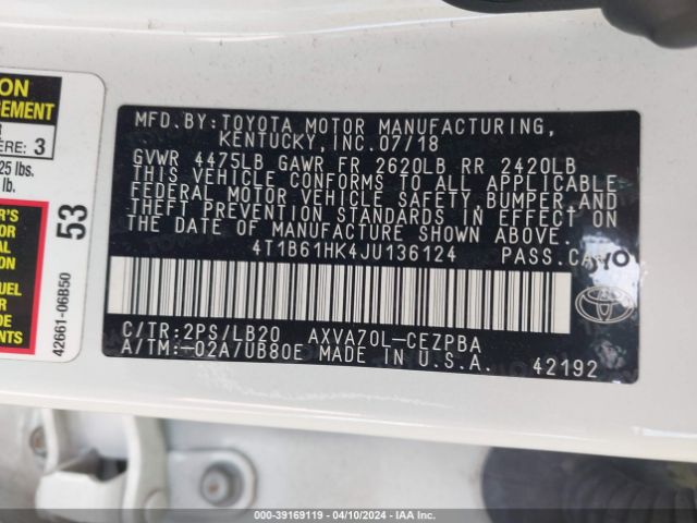 4T1B61HK4JU136124 Toyota CAMRY XSE