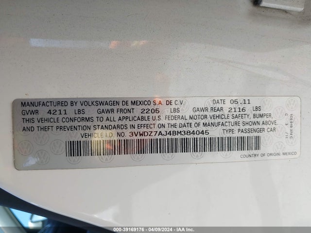 2011 Volkswagen Jetta 2.5l Se მანქანა იყიდება აუქციონზე, vin: 3VWDZ7AJ4BM384045, აუქციონის ნომერი: 39169176