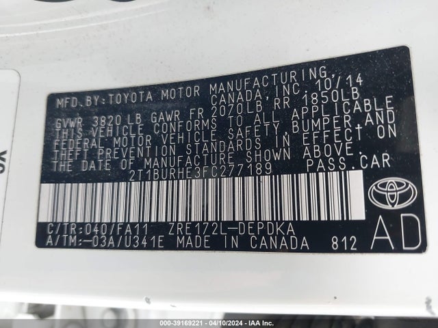 Toyota COROLLA L 2015 2T1BURHE3FC277189 Image 9