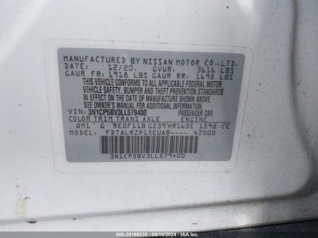 3N1CP5BV3LL579400 Nissan Kicks S Xtronic Cvt
