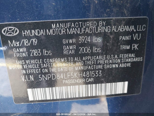 Hyundai ELANTRA SEL 2019 5NPD84LF5KH481533 Image 9