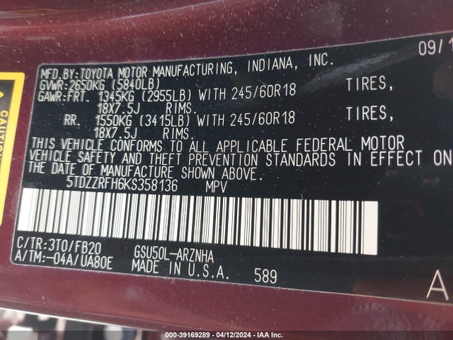 Toyota Highlander Le 2019 5TDZZRFH6KS358136 Image 9