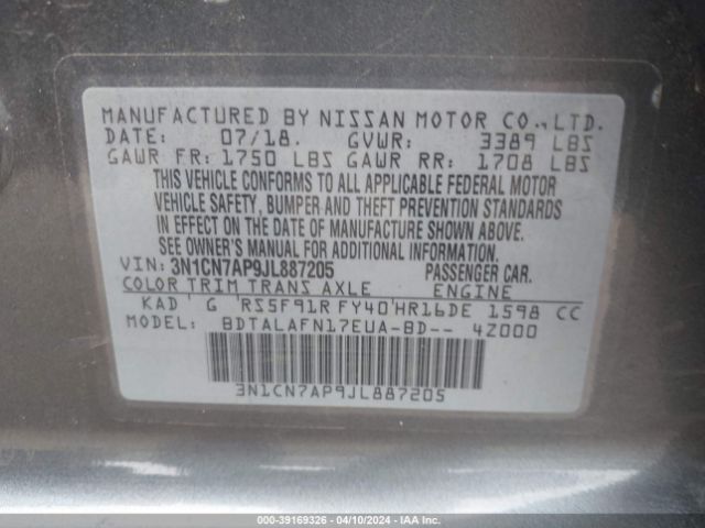 3N1CN7AP9JL887205 Nissan Versa 1.6 S