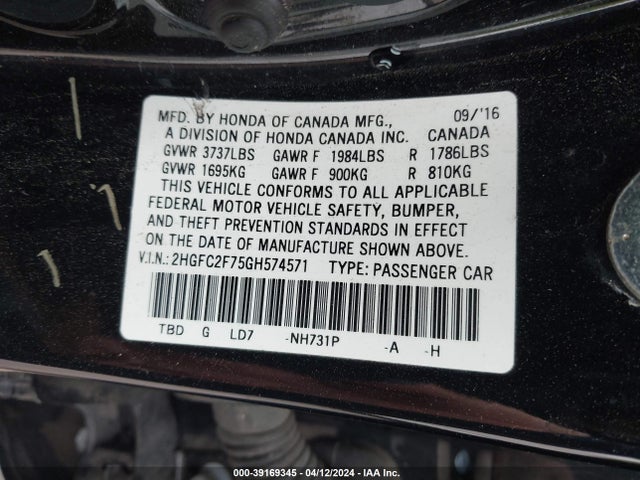 Honda CIVIC EX 2016 2HGFC2F75GH574571 Image 9