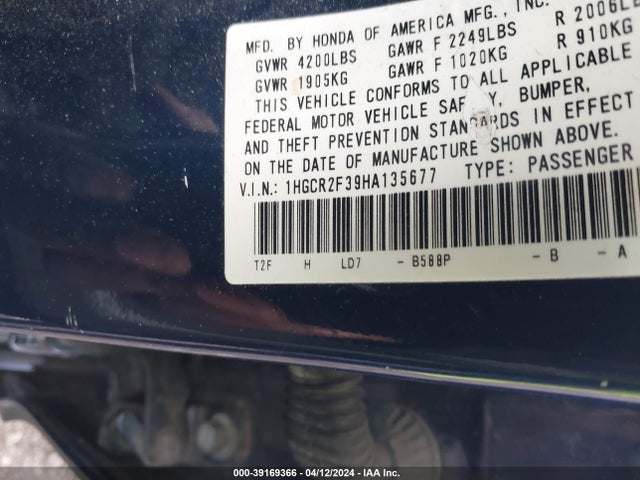 Honda ACCORD LX 2017 1HGCR2F39HA135677 Image 9