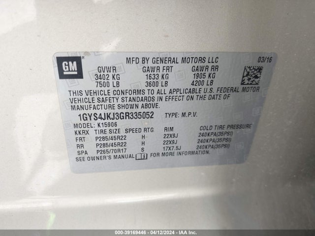 1GYS4JKJ3GR335052 Cadillac Escalade Esv Premium Collection