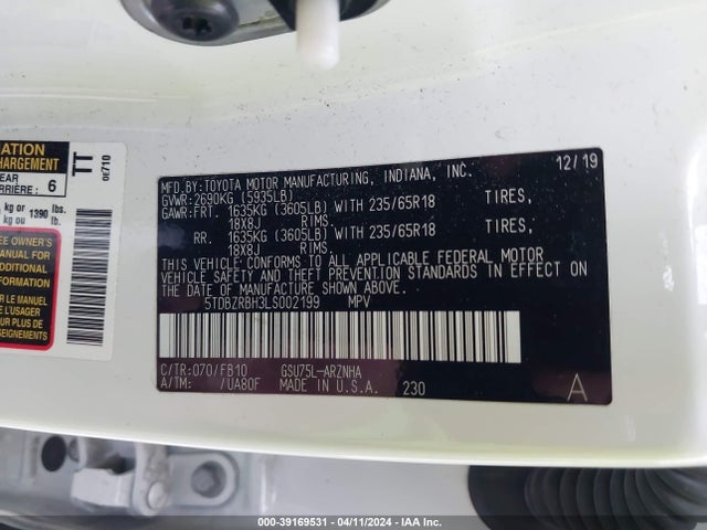Toyota Highlander Le 2020 5TDBZRBH3LS002199 Image 9