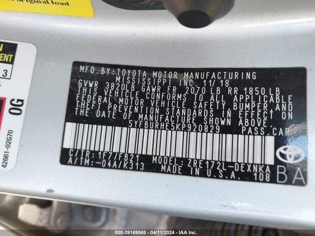 Toyota COROLLA LE 2019 5YFBURHE5KP920829 Image 9