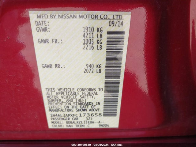 Nissan Altima 2.5 Sl 2015 1N4AL3APXFC173658 Image 9