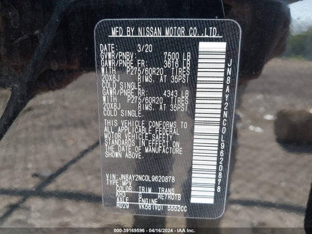 Nissan Armada Sl 4wd 2020 JN8AY2NC0L9620878 Image 9
