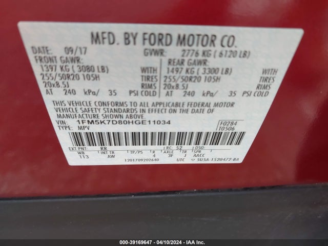 Ford EXPLORER XLT 2017 1FM5K7D80HGE11034 Image 9