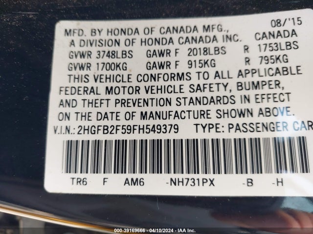 Honda Civic Lx 2015 2HGFB2F59FH549379 Image 9