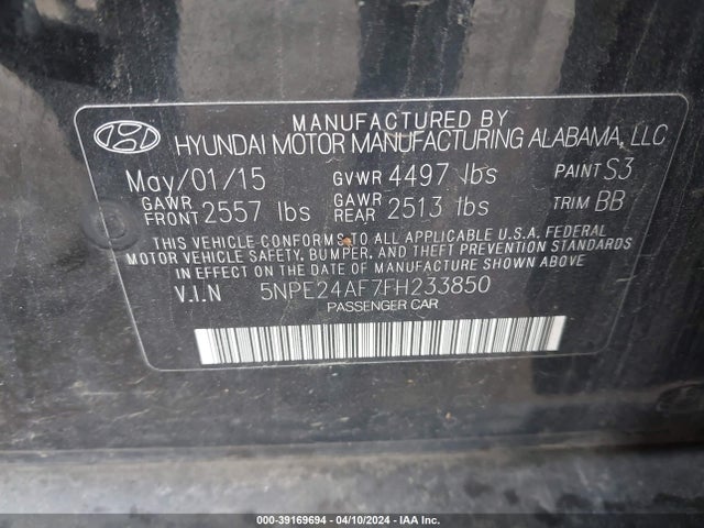 Hyundai SONATA SE 2015 5NPE24AF7FH233850 Image 9