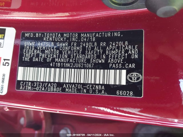 Toyota CAMRY LE 2018 4T1B11HK2JU621067 Image 9