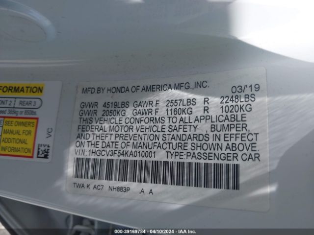 1HGCV3F54KA010001 Honda Accord Hybrid Ex-l
