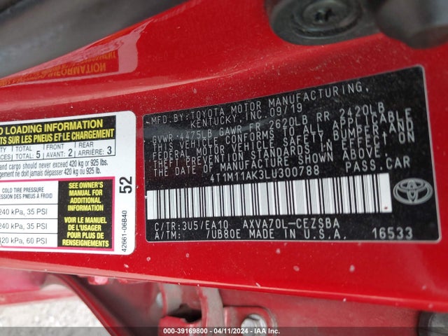 Toyota CAMRY SE 2020 4T1M11AK3LU300788 Image 9