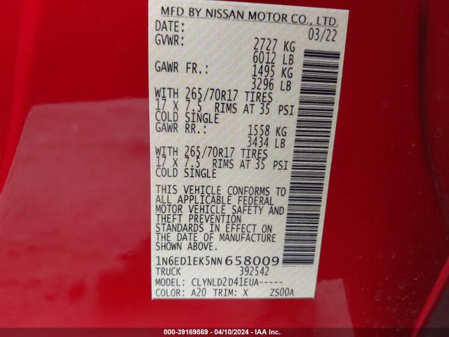 Nissan Frontier Pro-4x 4x4 2022 1N6ED1EK5NN658009 Image 9