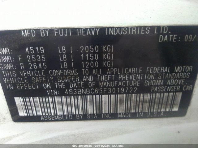 4S3BNBC63F3019722 Subaru Legacy 2.5i Premium