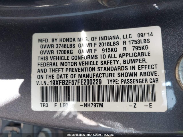 Honda Civic Lx 2015 19XFB2F57FE200229 Image 9