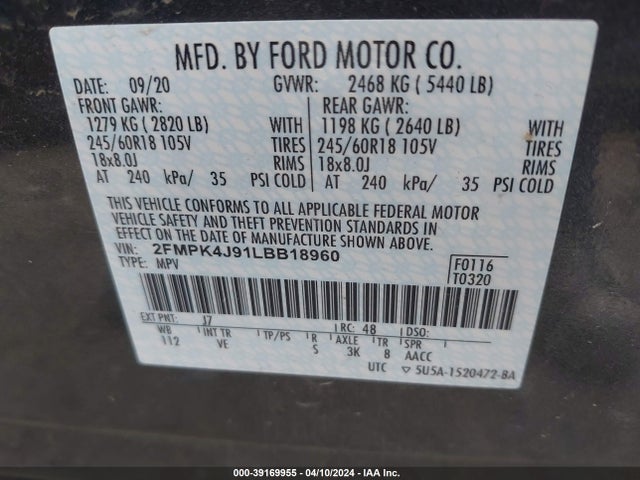 Ford EDGE SEL 2020 2FMPK4J91LBB18960 Image 9