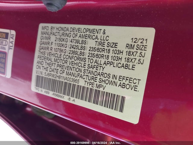 Honda Cr-v Awd Ex-l 2022 5J6RW2H81NA003965 Image 9