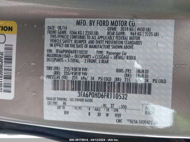 Ford FUSION SE 2015 3FA6P0HD6FR110532 Image 9